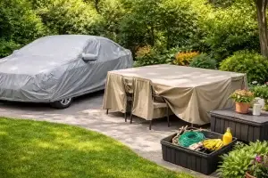 רכב וריהוט גן מכוסים בכיסויים ייעודיים בחצר ביתית לשמירה מפני שמש וגשם