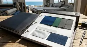 קטלוג דוגמאות פתוח של חברת ש. ברלינר המציג סוגי בד טכני שונים, כולל שמשונית עמידה בגווני כחול, ירוק ואפור, ודוגמאות בד עבור כיסוי לרכב נושם ואטום, מונח על שולחן עץ על רקע המפעל בחיפה.